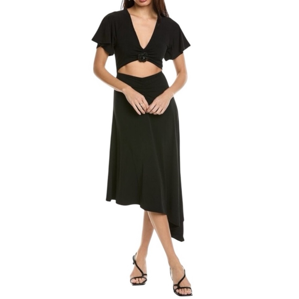 WeWoreWhat Black Asymmetrical Cutout Midi Dress With Rose Size Small - Reemoly